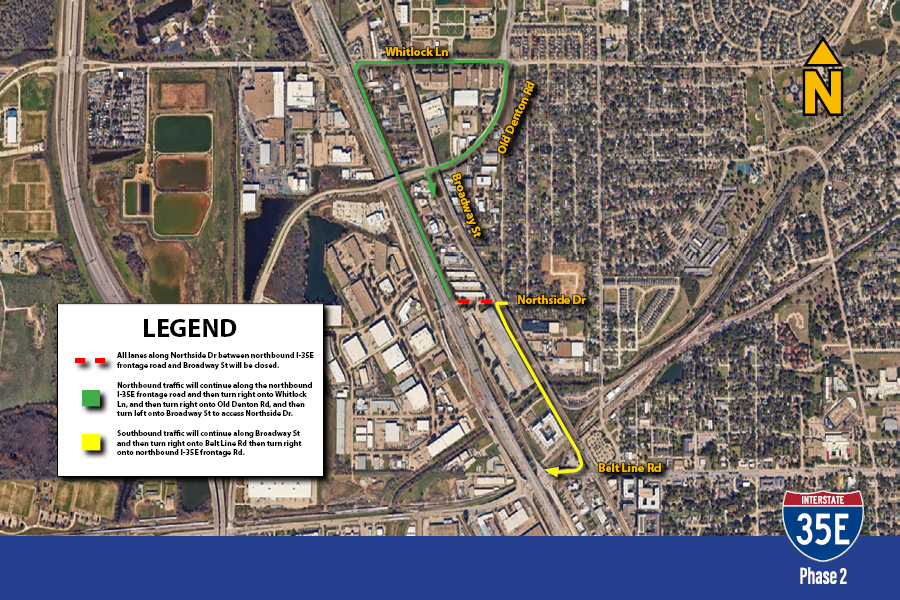 All lanes along Northside Dr between northbound I35E frontage road and Broadway St will be closed.