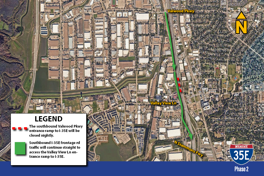 i35e-sb-valwood-onramp-nightly-o The southbound Valwood Pkwy entrance ramp to I-35E will be closed nightly.