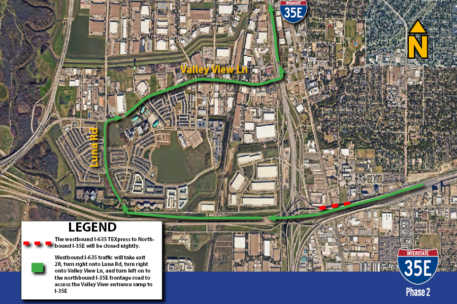 westbound I-635 TEXpress to Northbound I-35E The westbound I-635 TEXpress to Northbound I-35E will be closed nightly.