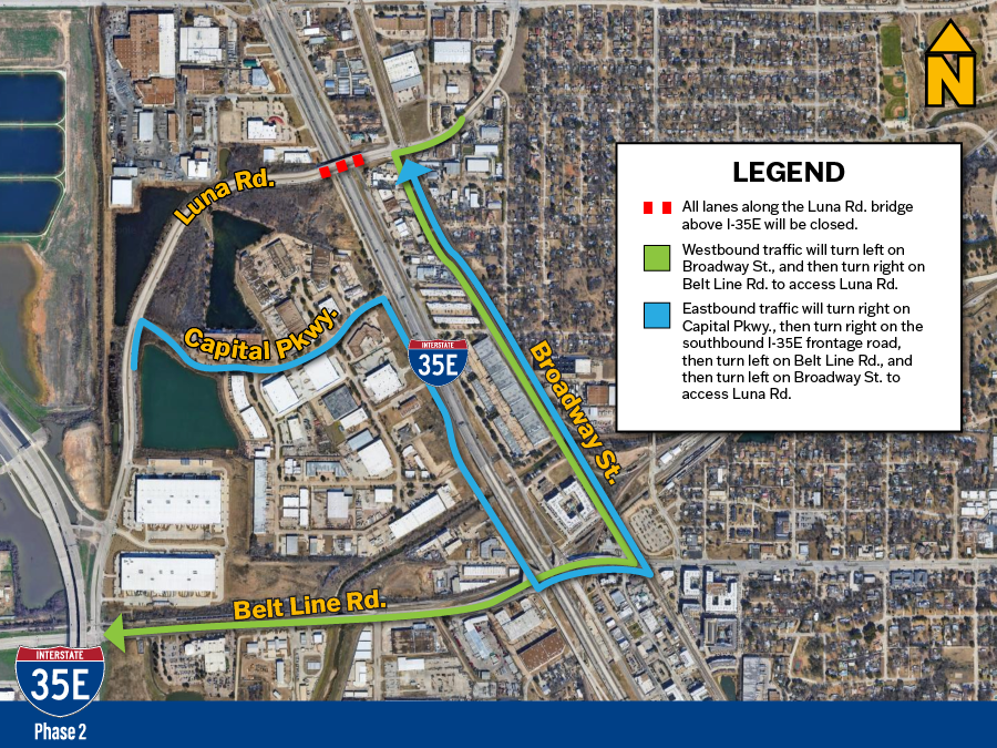 Todos los carriles a lo largo del puente de Luna Rd. sobre la I-35E estarán cerrados.