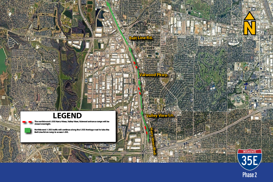 The northbound I-35E Harry Hines, Valley View, Valwood entrance ramp will be closed overnight.