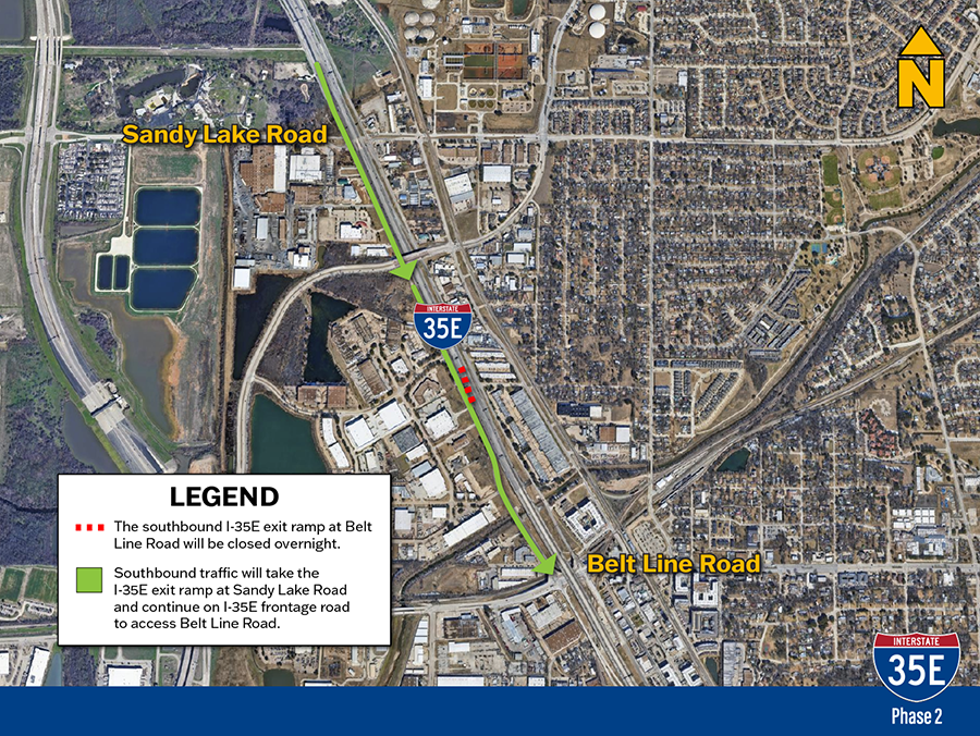 Map showing a I35e southbound exit ramp closure and detour route. The southbound I35e exit ramp at Belt Line Road will be closed overnight. Southbound traffic will take the I-35E exit ramp at Sandy Lake Road and continue on I-35E frontage road to access Belt Line Road.