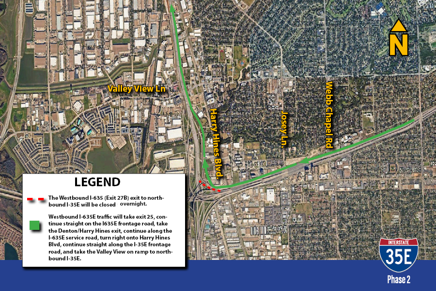 The Westbound I-635 (Exit 27B) exit to northbound I-35E will be closed overnight.