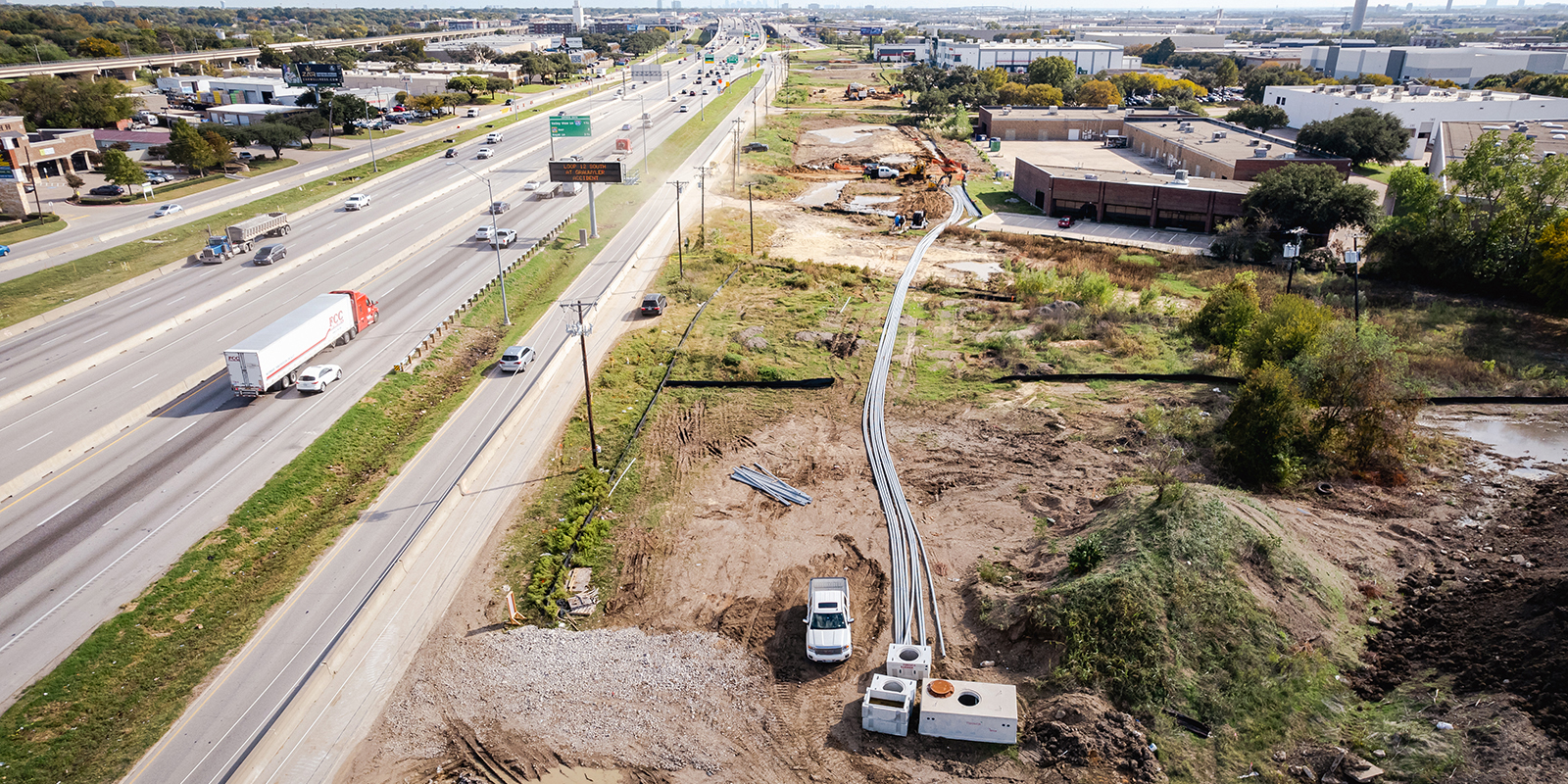 SB view of construction I-35E from Belt Line Rd 2 from October 2022.