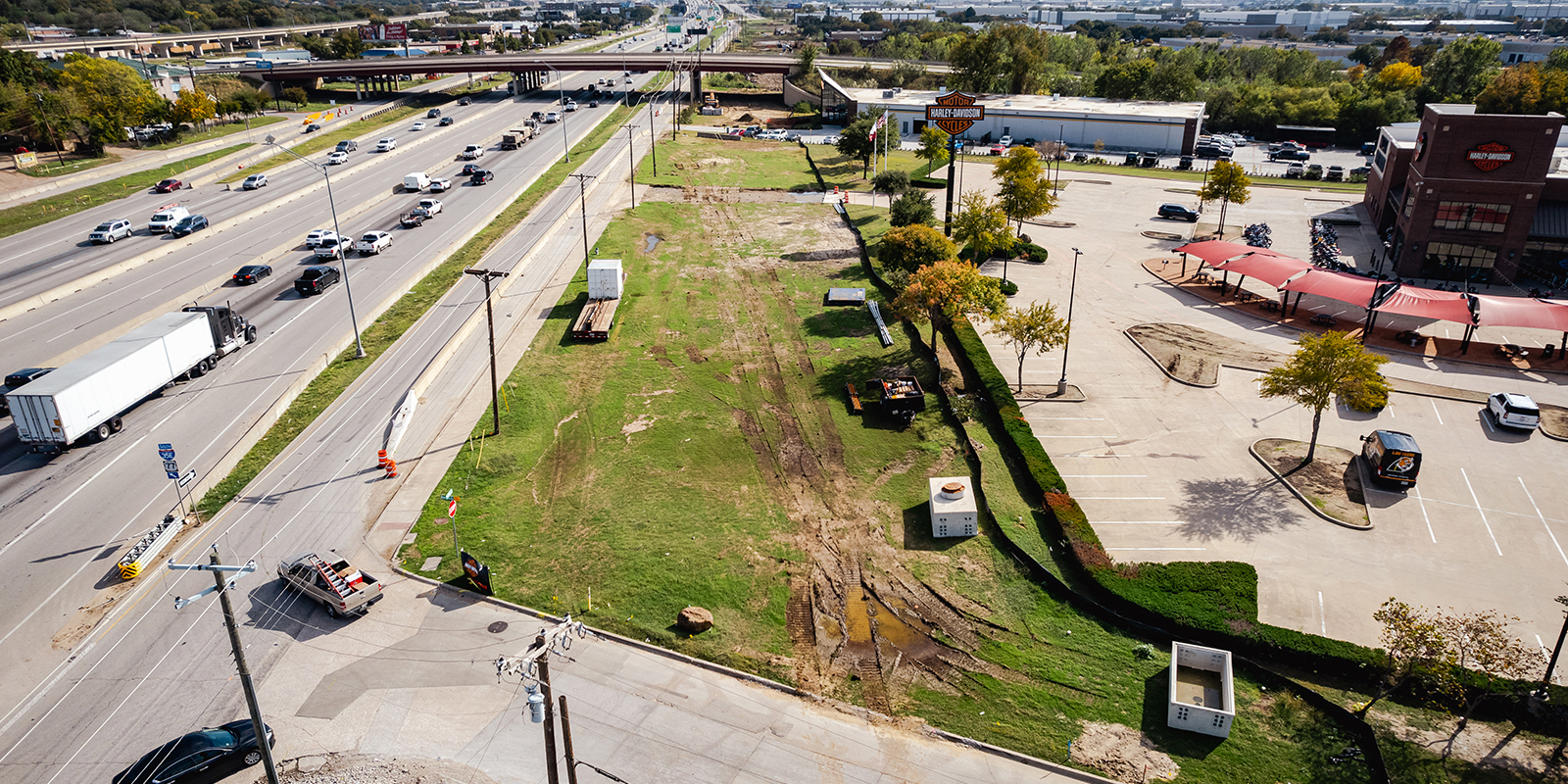 SB view of construction I-35E from Sandy Lake-Luna Rd 2 from October 2022.