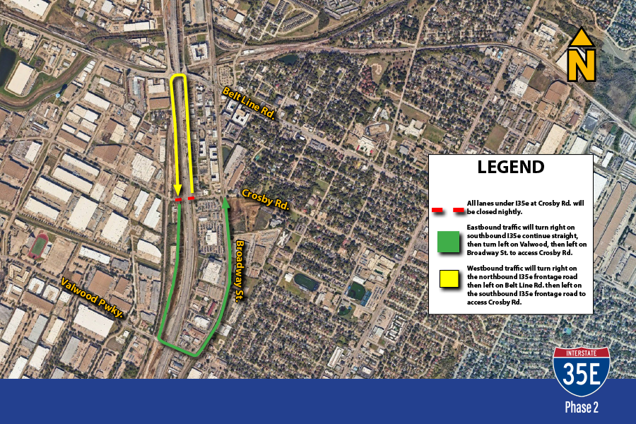 Map showing a road closure and detour route. All lanes under I35e at Crosby Rd. will be closed nightly. 

Eastbound traffic will turn right on southbound I35e continue straight then turn left on Valwood, then  left on broadway st to access Crosby Rd. 

Westbound traffic will turn right on the northbound I35e frontage road then left on Belt Line Rd. then left on the southbound I35e frontage road to access Crosby Rd. 