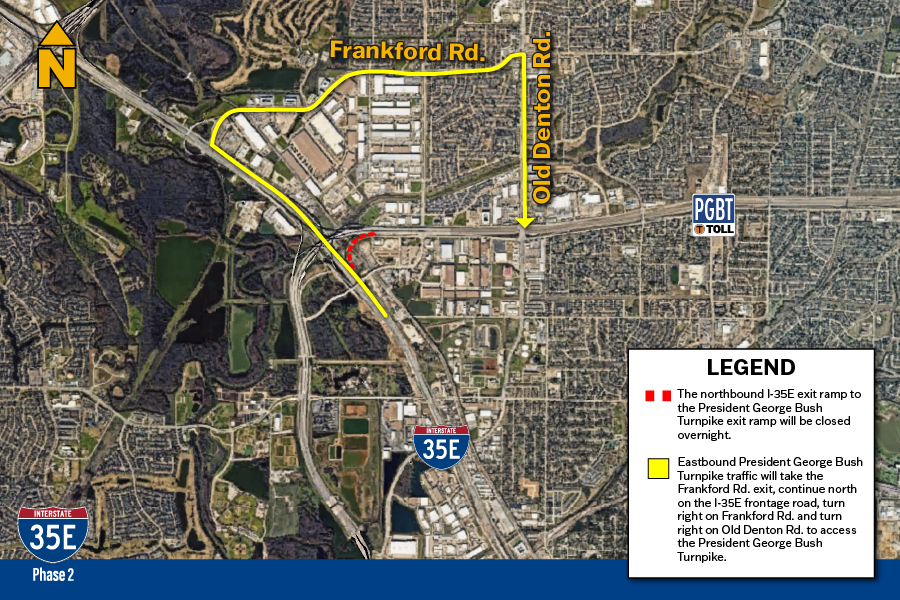 Eastbound President George Bush Turnpike traffic will take the Frankford Road. exit, continue north on the I-35E frontage road, turn right on Frankford Rd. and turn right on Old Denton Road. to access the President George Bush Turnpike.