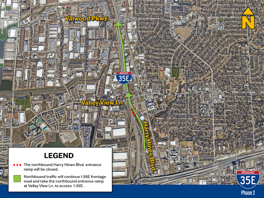 Northbound traffic will continue I-35E frontage road and take the northbound entrance ramp at Valley View Ln. to access  I-35E.