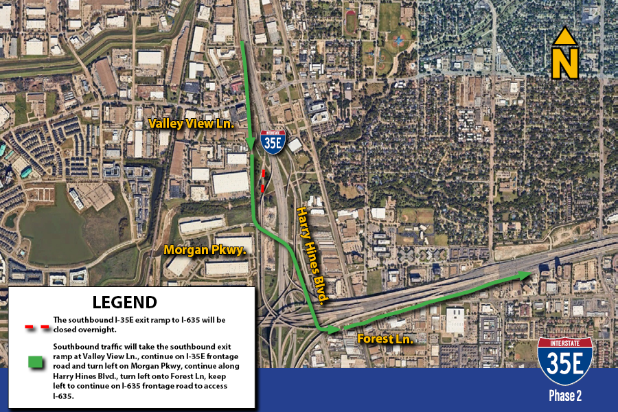 The southbound I-35E exit ramp to I-635 will be closed overnight.