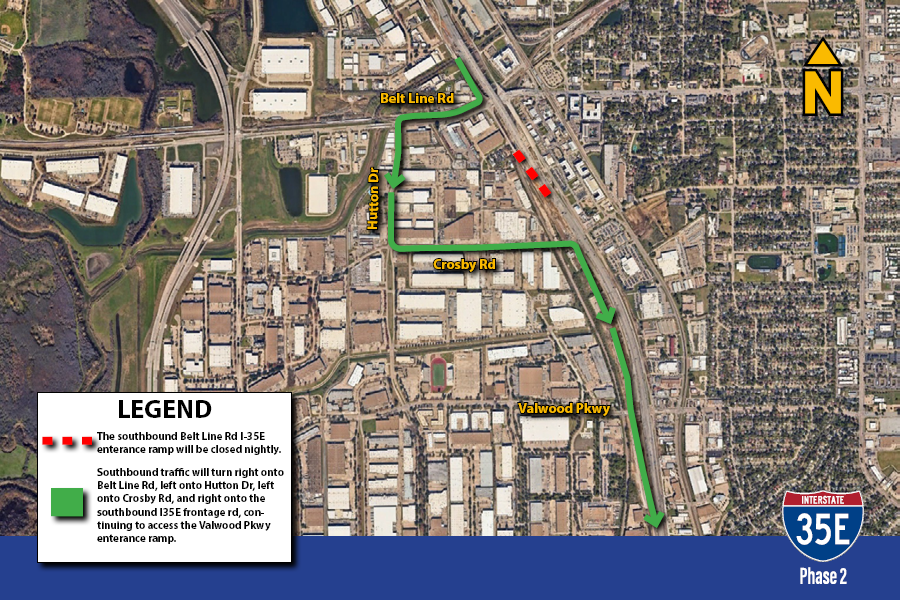 i35e-sb-beltline-hutton-onramp-n The southbound Belt Line Rd I-35E enterance ramp will be closed nightly.