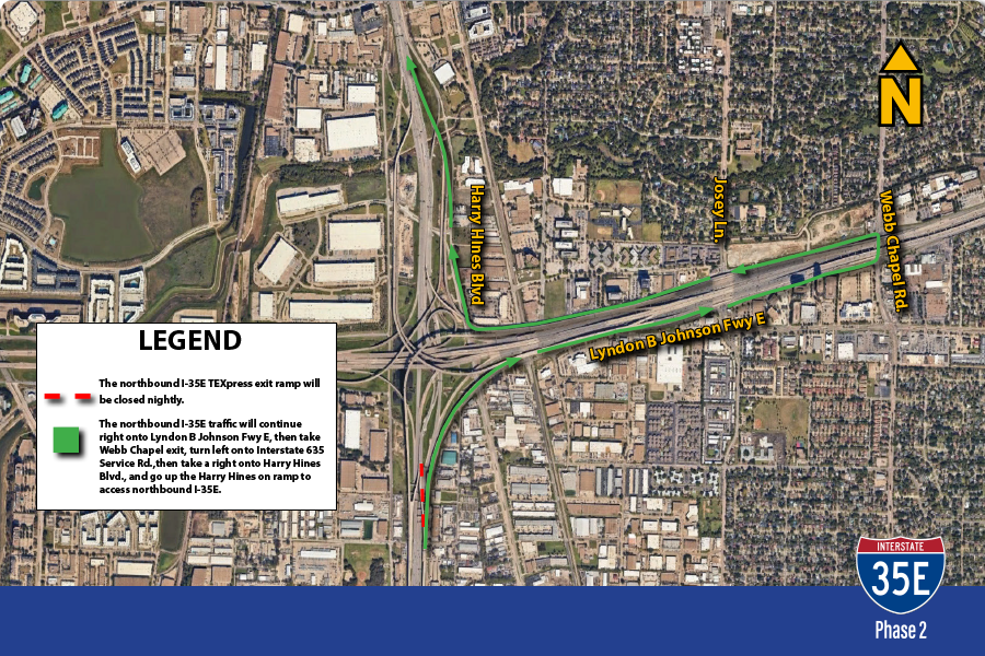 Map showing a northbound I-35e Texpress exit ramp road closure and detour. The northbound I-35e Texpress exit ramp will be closed nightly. The northbound I-35e traffic will continue right onto Lyndon B Johnson Fwy E, then take the Webb Chappel exit, turn left on to interstate 635 service Rd., the take a right on to Harry Hines Blvd., and go up the Harry Hines on ramp to acces I-35e.