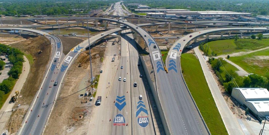 Looking east at I-610 and connector ramps on the east side of SH 288.