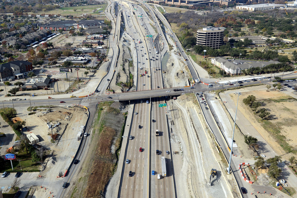 Aerial view of I-635 East at Greenville Ave intersection. Construction of overpass, frontage roads, closures, detours, and expansions in 2021.