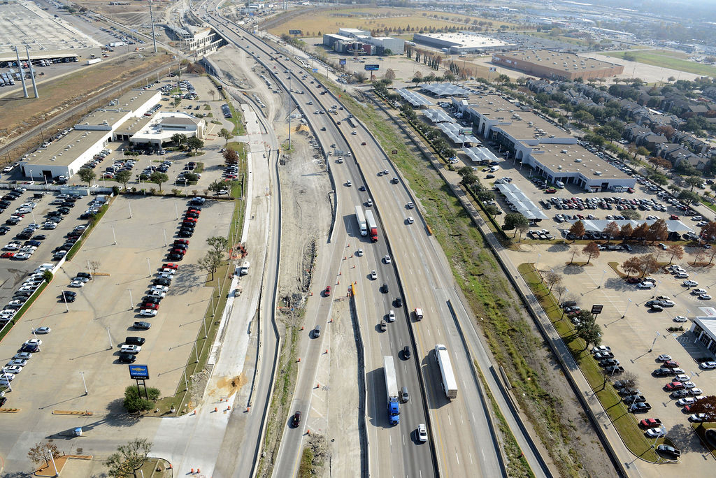 Aerial view of I-635 East Jupiter Rd. Construction of closures, ramp, frotage road, expanions, lanes and traffic 2021.