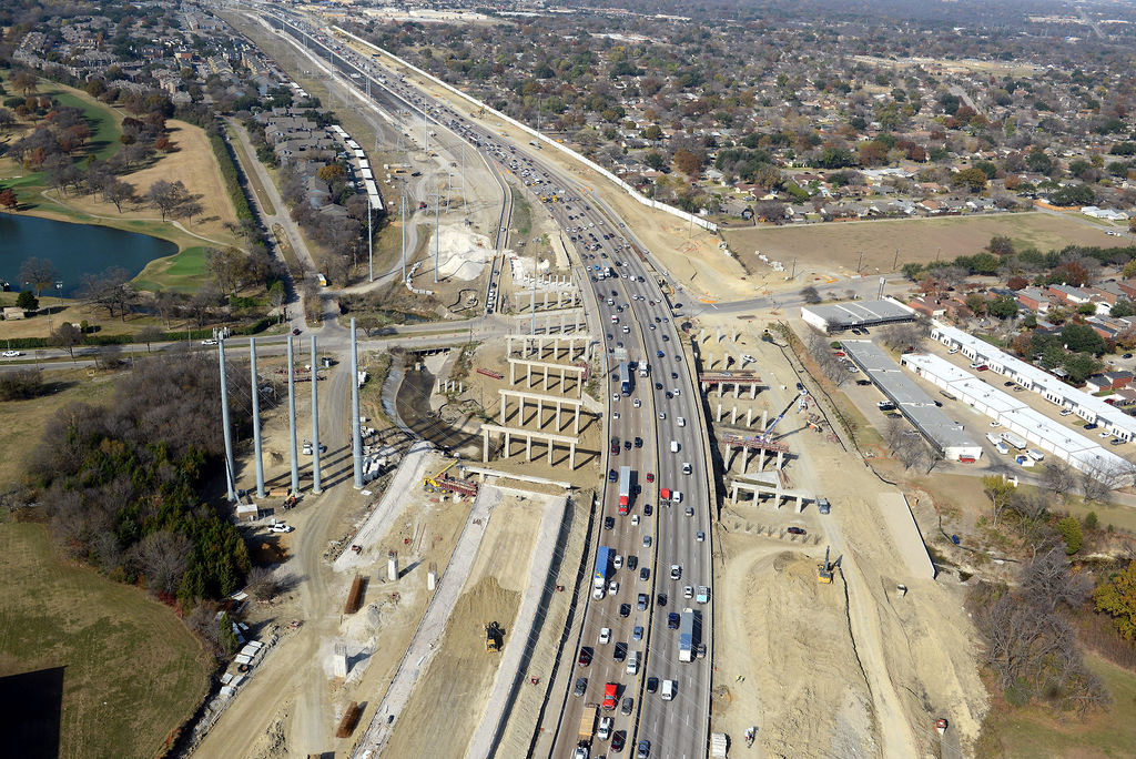 Aerial view of I-635 East at La Prada Dr. in Dallas.Construction of piers, overpass, ramp, bridge, frontage road, lanes, expansions, descking, closures, and detours in 2021.