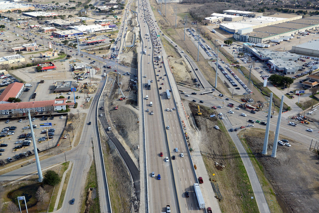 Aerial view of I-635 East at Nothwest Hwy.
Construction of frontage road, lanes, expansions, closures, and detours in 2021.