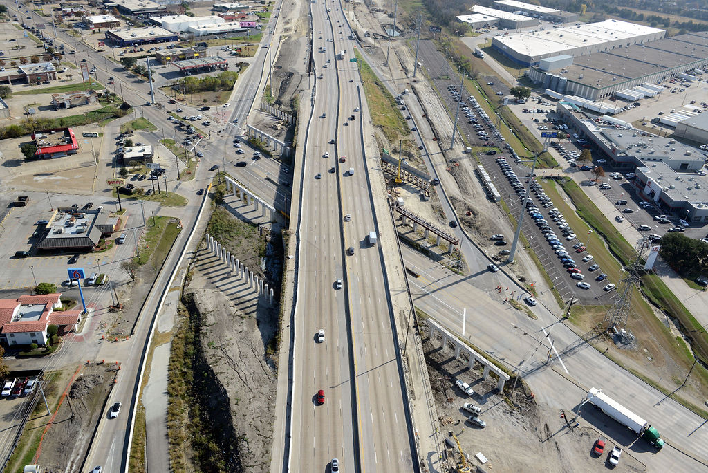 Aerial view of I-635 East at Northwest Hwy.Construction of piers, overpass, ramp, bridge, frontage road, lanes, expansions, closures, and detours in 2021.