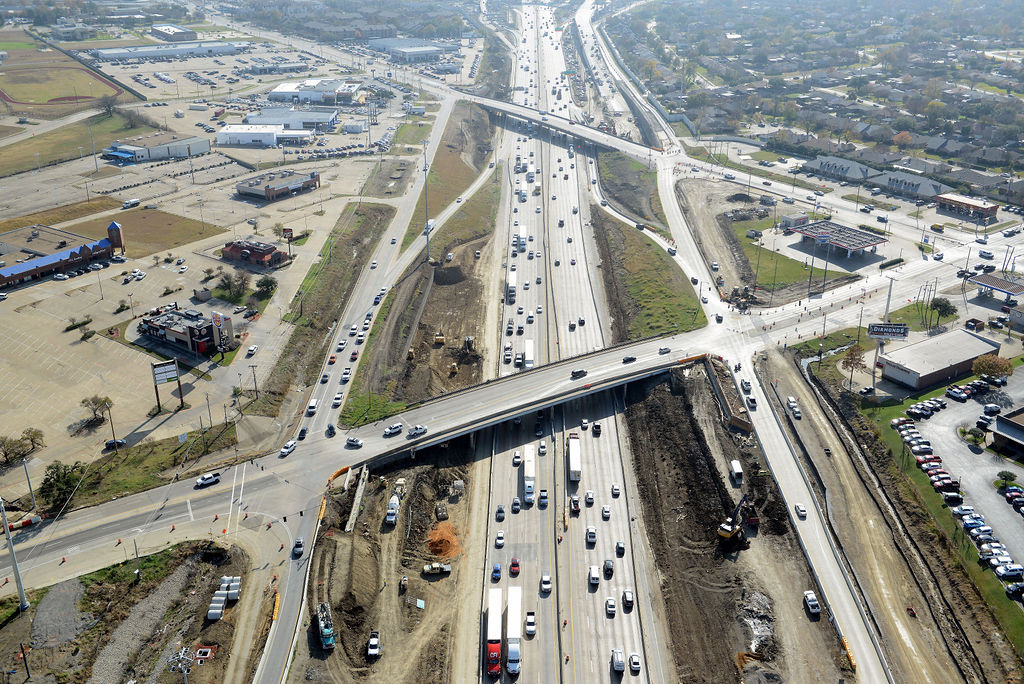 Aerial view of I-635 East at  Oates Dr. and Galloway Ave.Construction of piers, overpass, ramp, bridge, frontage road, lanes, expansions, closures, and detours in 2021.