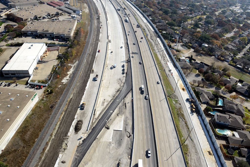 Aerial view of I-635 East at Plano Rd.Construction of ramp, frontage road, lanes, expansions, closures, and detours in 2021.
