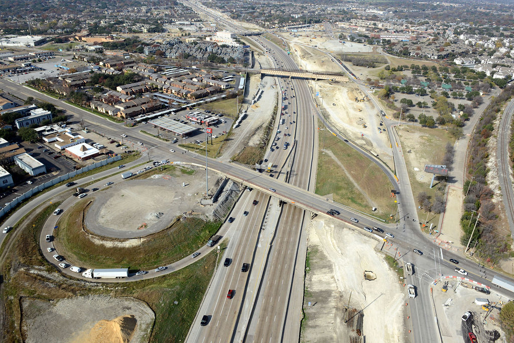 Aerial view of I-635 East at Royal Ln and Miller Rd.Construction of direct connectors, ramp, bridge, frontage road, lanes, expansions, descking, closures, and detours in 2021.