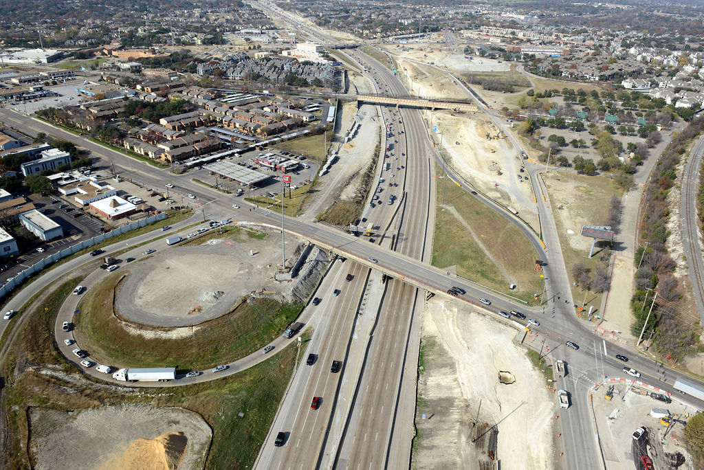 Aerial view of I-635 East at Royal Ln and Miller Rd.

Construction of direct connectors, ramp, bridge, frontage road, lanes, expansions, descking, closures, and detours in 2021.
