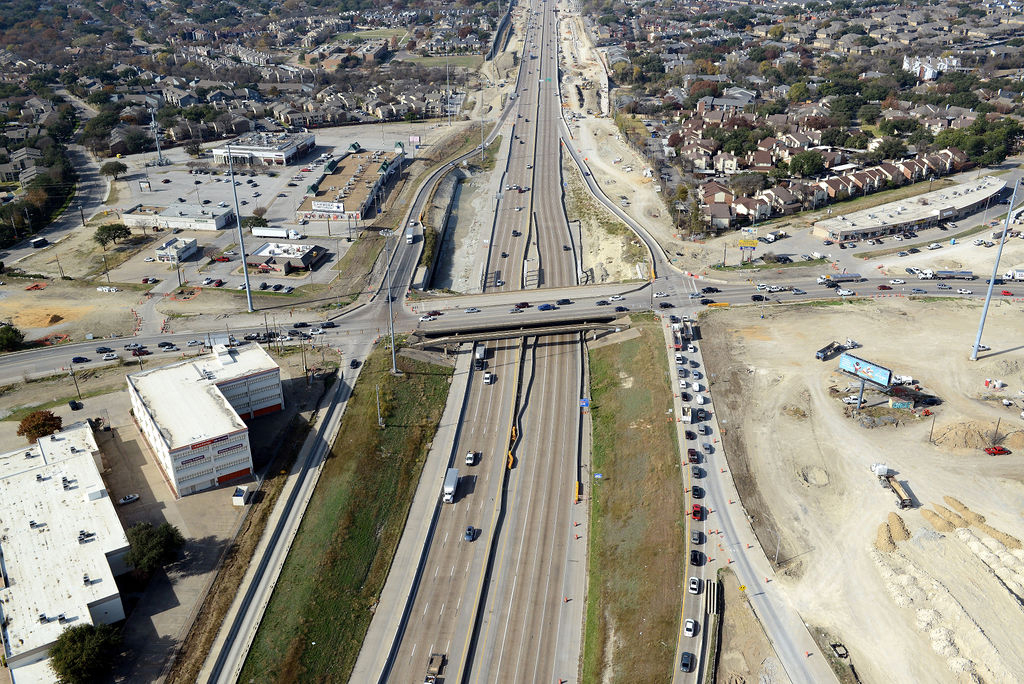 Aerial view of I-635 East at Skillman Rd.Construction of piers, ramp, bridge, frontage road, lanes, expansions, closures, and detours in 2021.