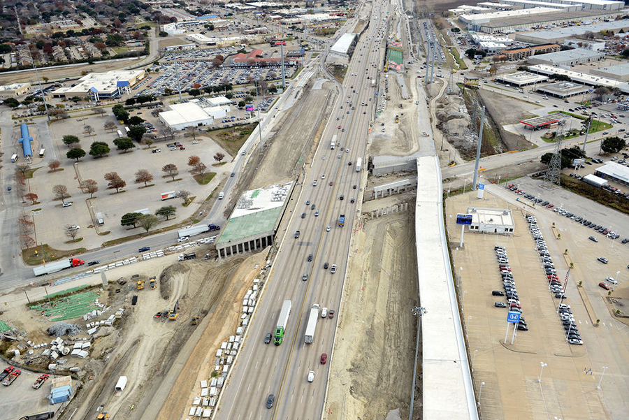 East view of I-635 at Shiloh Road showing new frontage road bridges in development 