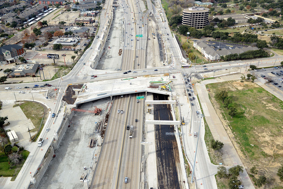 West view of I-635 at Greenville Avenue showing structures installed for pending elevated structures that would later make up the new connections from I-635 to US 75