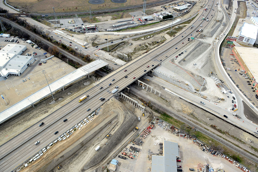 Southwest view of Garland Avenue overlooking the I-635 underpass and KCS Rail line
