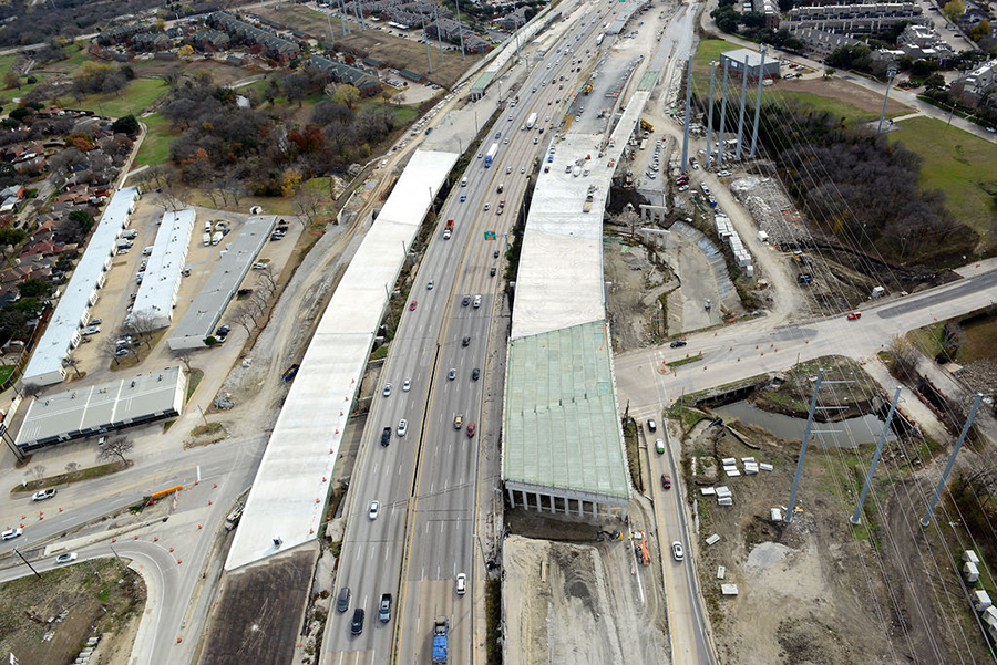 South view of I-635 at La Prada Drive showcasing new I-635 frontage road and mainlane bridges in development