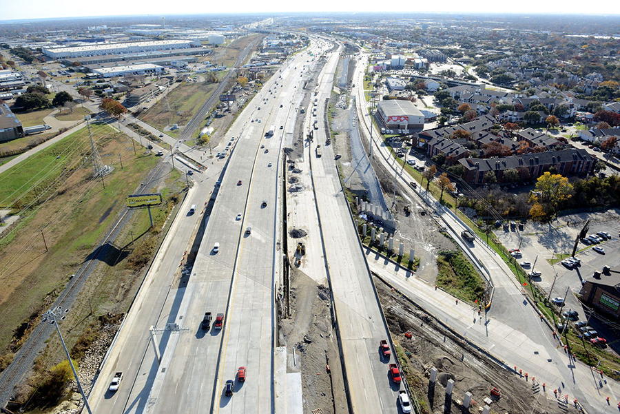West view of I-635 at Walnut Hill Lane/Kingsley Road, showing old pavement removal and bridge foundations installed to accommodate for building the new roadway and bridges 