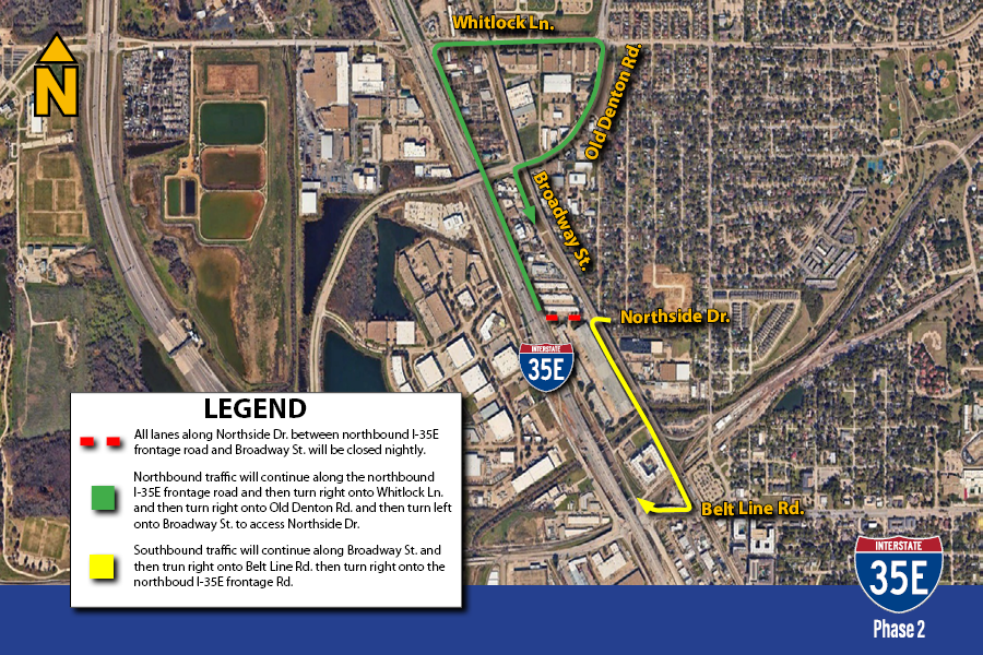 Mapa de cierre total de la I-35 E Northside todas las noches y desvíos
