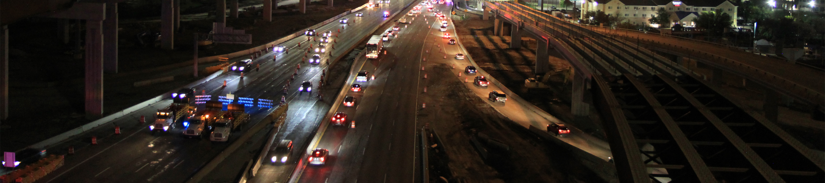 Eastbound I-635 view of overnight construction in spring of 2023. Full closure, lane closures, ramp closures and detours effecting eastbound westbound traffic.