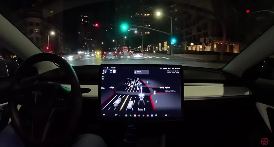 center console of autonomous car at night