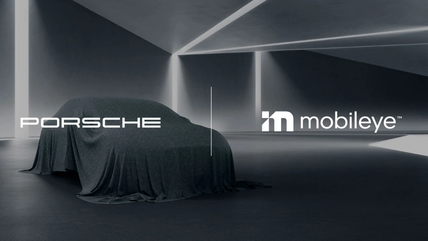 Porsche and Mobileeye logos with car under cover