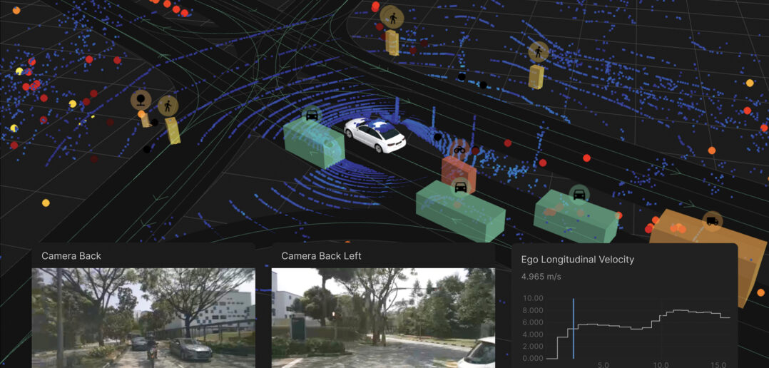 rendering of detection map for autonomous car showing back camera, back left camera and ego longitudinal veolcity