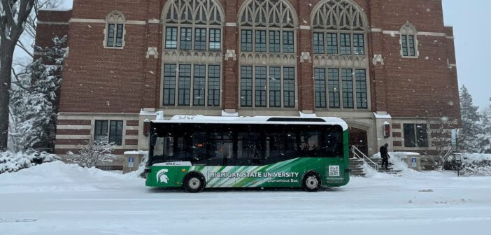 Michigan State University bus in snow