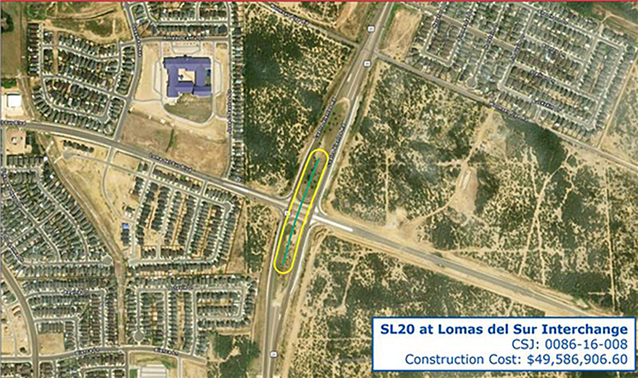 Vista aérea del mapa satelital del sitio de construcción del proyecto de intercambio de Lomas del Sur, marcado para resaltar la ubicación del nuevo intercambio que se construirá. El texto de la imagen dice: "SL20 en el intercambio de Lomas del Sur; CSJ: 0086-16-008; Costo de construcción: $49,586,906.60.