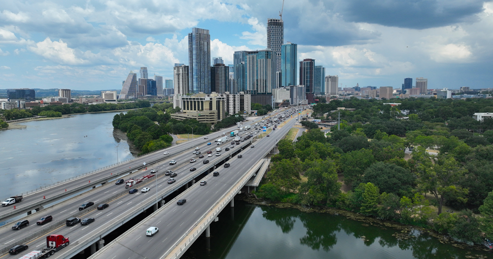 I-35 at Lady Bird Lake looking toward downtown in Austin, Texas and showing the current pedestrian path that is connected to the LBL bridge.