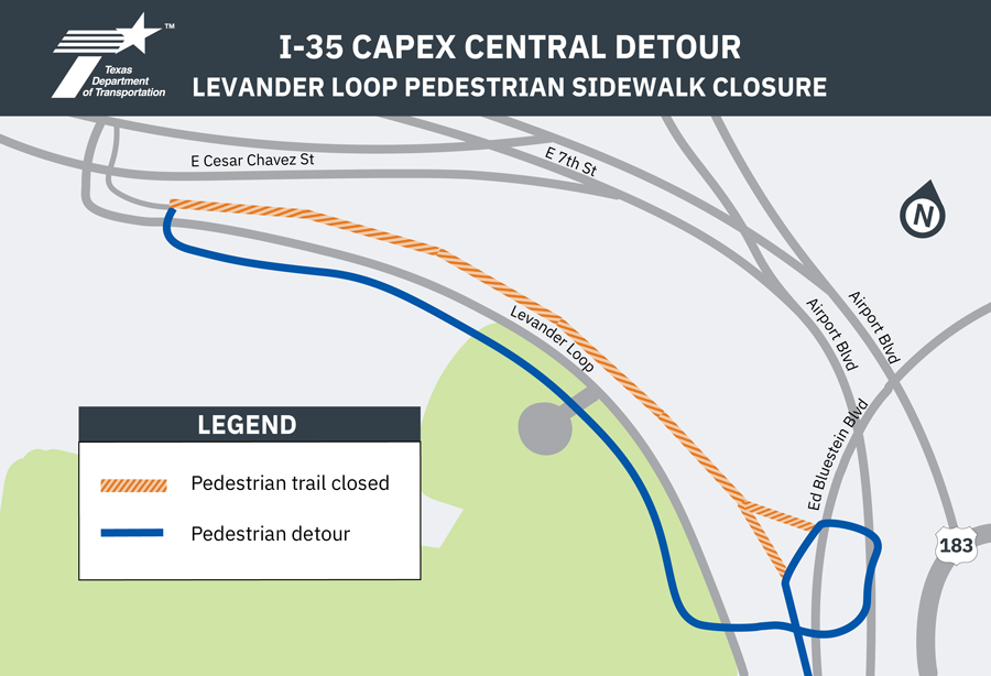 I-35 CapEx Central Detour; Levander Loop pedestrian sidewalk closure map