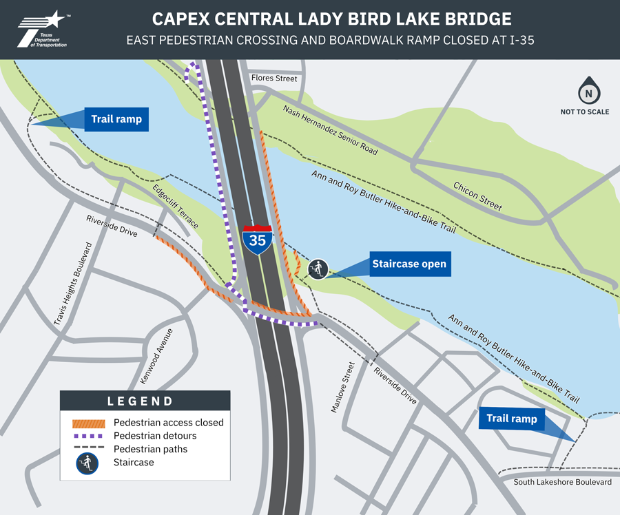 "Map: CapEx Central Lady Bird Lake Bridge: East Pedestrian Crossing and Boardwalk Ramp Closed at I-35. This is a moderately complex navigation of pedestrian closures and detours near Riverside Drive and the northbound I-35 frontage road just north of Riverside Drive as part of the I‑35 Capital Express Central project. The map covers I‑35 between Flores Street and Riverside Drive, showing the boardwalk ramp entrances east and west of I-35. Pedestrians crossing Lady Bird Lake at I-35 will need to navigate to the west sidewalk on the bridge by following the detour on Riverside Drive. Pedestrians can use new temporary signals at Manlove Street and Edgecliff Terrace to cross Riverside Drive.  The legend indicates pedestrian access closed, pedestrian detours, pedestrian paths and staircase. The map shows that the existing east pedestrian path at Lady Bird Lake and the northern sidewalk on Riverside Drive are closed as well as the boardwalk ramp at I-35. Some portions of the southern side of Riverside Drive, just west of I-35 is also closed.  For any questions, assistance, or more information, please contact c a p i t a l e x p r e s s c e n t r a l @ t x d o t .gov. Preliminary, subject to change."