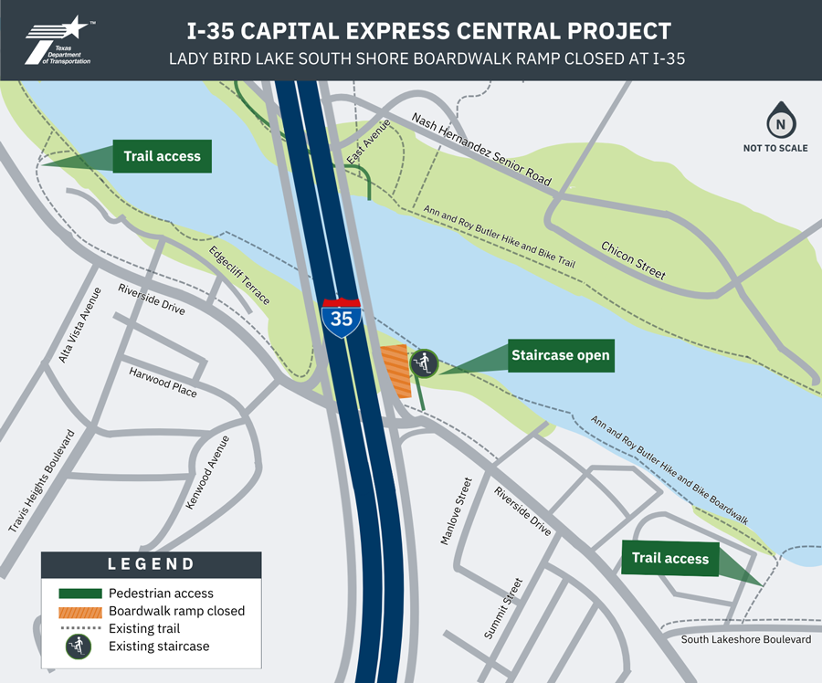 Map: I‑35 Capital Express Central Project: Pedestrian Boardwalk Ramp Closed at I-35. This is a simple navigation and traffic‑movement map of access changes at the boardwalk ramp. The map covers I‑35 between Summit Street and Nash Hernandez Senior Road and shows Riverside Drive, the I‑35 mainlanes and frontage roads, and closure of the boardwalk ramp with staircase access open and alternative trail access. The legend indicates pedestrian access, boardwalk ramp closed, existing trail, existing staircase. The boardwalk switchback will be closed but pedestrians will still have access with stairs and other trail points. For any questions, assistance, or more information, please contact c a p i t a l e x p r e s s c e n t r a l @ t x d o t .gov. Preliminary, subject to change.