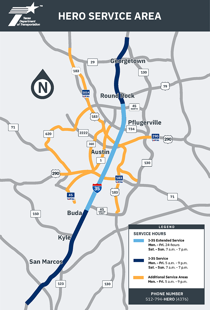 TxDOT HERO Map 062425 Service area map for Austin area HERO program