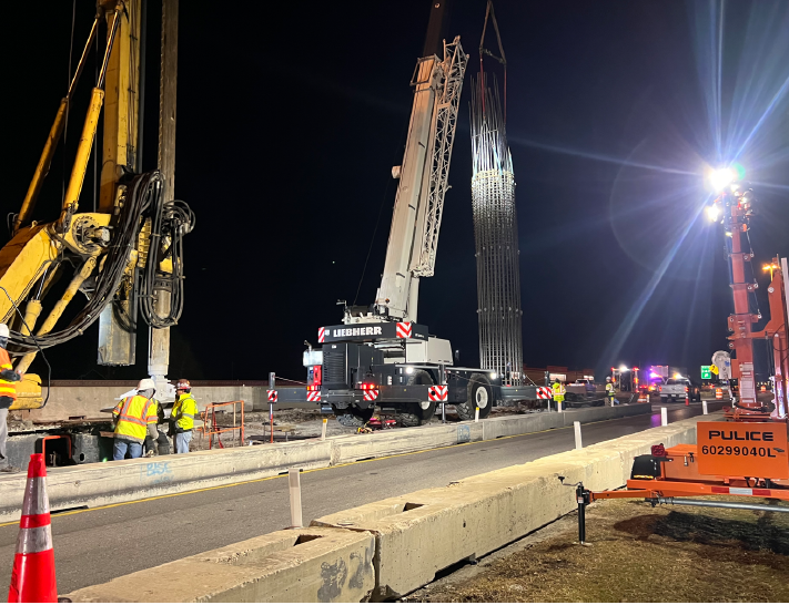 Northbound I-35 frontage road at Howard Lane bridge construction - February 2024