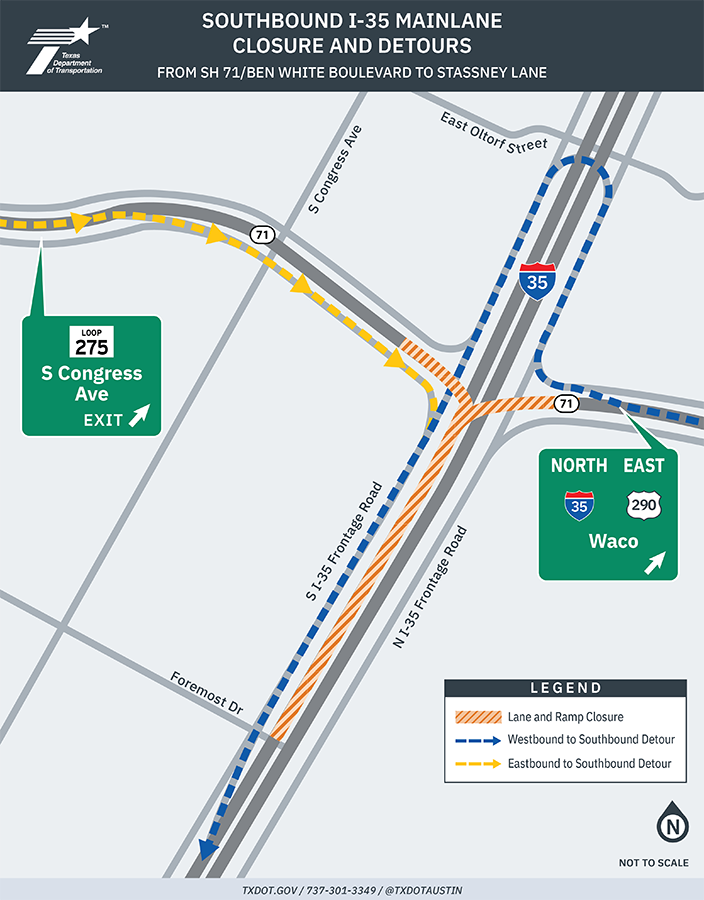 Southboud I-35 mainlane closure and detours
