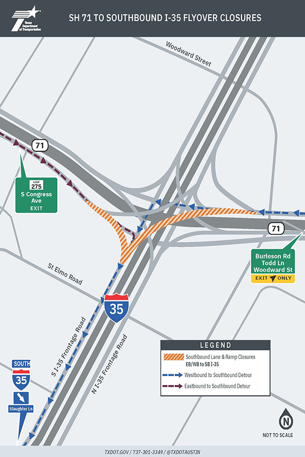 Map depicts the eastbound and westbound SH 71/ Ben White Boulevard to southbound I-35 flyovers being closed nightly beginning Sunday, Sept. 20 to Thursday, Sept. 24, from 9 p.m. to 6 a.m. 

Detour routes show drivers on eastbound SH 71 must use the S. Congress Avenue exit and turn onto the frontage road to access the I-35 mainlanes.  Drivers on westbound SH 71 must use the Burleson Road/Woodward Street exit and turn onto the frontage road to access the I-35 mainlanes. 