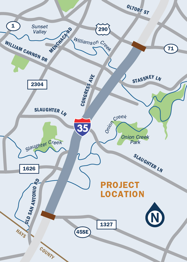 Illustrated Map of the Capital Express South project perimeter along the 1-35 corridor 