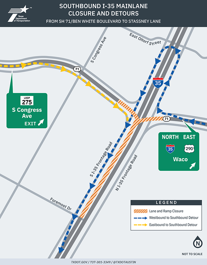 From eastbound SH 71/Ben White Boulevard: Drivers will take the Congress Avenue exit ramp, continue to the I-35 frontage road and turn right.   
From westbound SH 71/Ben White Boulevard: Drivers will take the northbound I-35 exit, then exit to Oltorf Street and use the U-turn to access southbound I-35. 