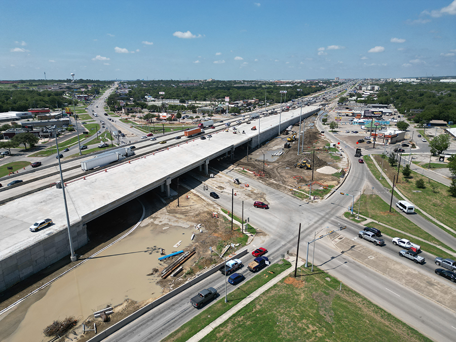 Construction progress at I-35 and SH 123/Guadalupe Street - May 2024
