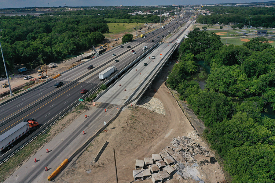 Widened southbound I-35 frontage road at the San Marcos river  - May 2022
